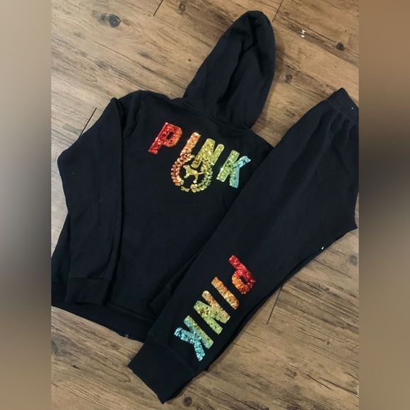 PINK VS RAINBOW OMBRÉ HOODIE / JOGGER OUTFIT SET M - Picture 3 of 16